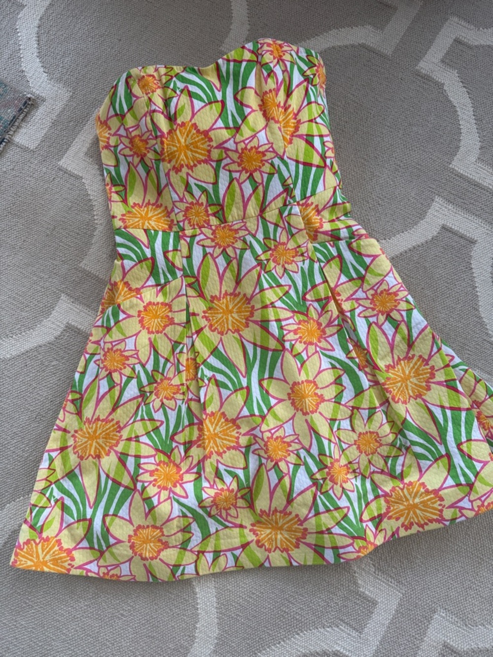 Garden Cottage Lilly Pulitzer Daffodil strapless Pink, Yellow Green Floral Dress
